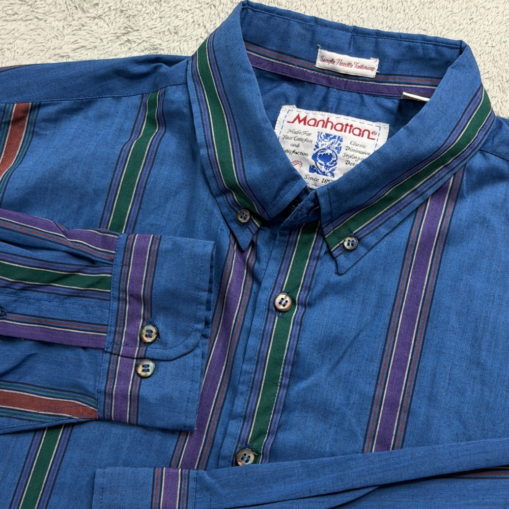 Manhattan Mens Blue Striped Button Down Shirt Long Sleeve L Cotton Blend